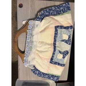 Vintage Handmade Quilted Handbag Wooden Handles and Lace Trim
